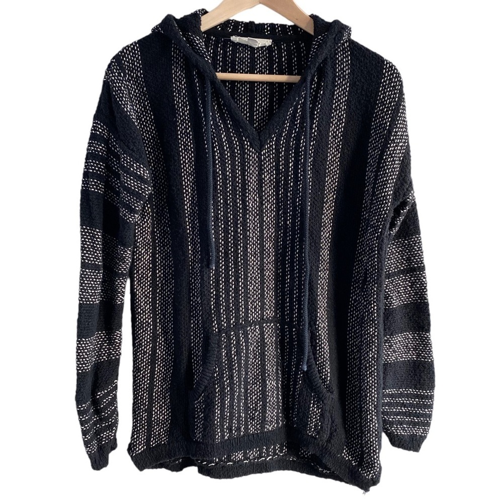 LOVESTITCH boho beach knit hoodie sweater black white coverup drawstring v neck